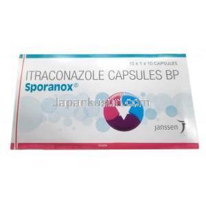 スポラノックス, イトラコナゾール　100mg, かプセル,製造元： Johnson & Johnson, 箱表面